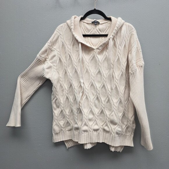 Fate Sweaters - Fate Sweater Womens 2XL White Hooded Cable Knit V Neck Plus Size Pullover Cozy